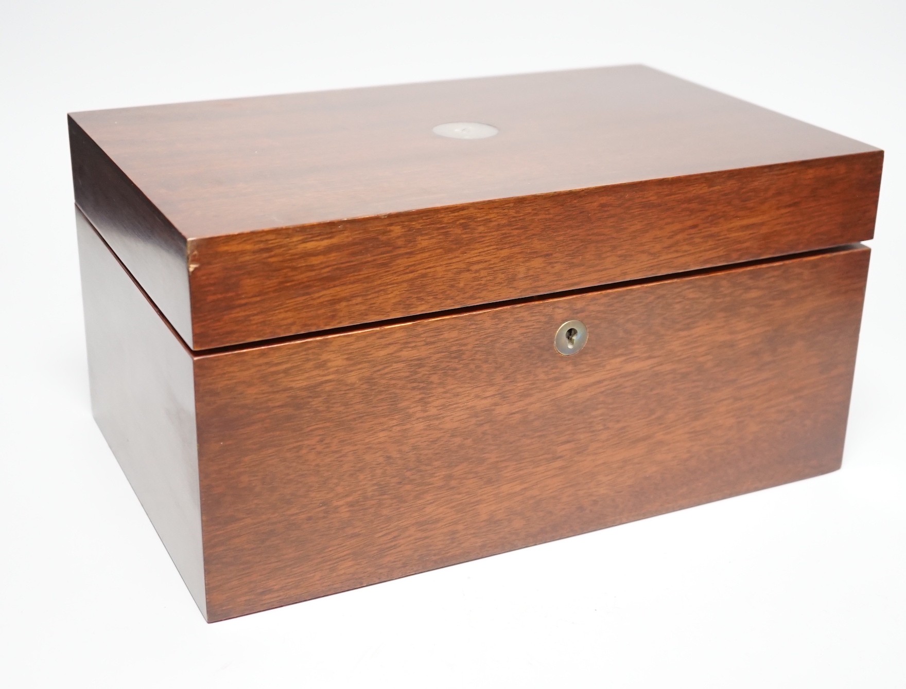 A mahogany humidor with silver cartouche inset, 33cms wide x 17cms high